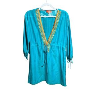 Hale Bob Cabana Silk Blend Cover Up Beaded Tunic Top Small Turquoise Resort